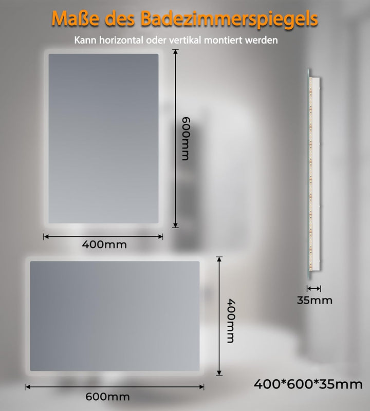 SVNR Badspiegel mit Beleuchtung,40x60cm LED Spiegel Bad,Wandspiegel für Badezimmer,Aluminiumrahmen,E
