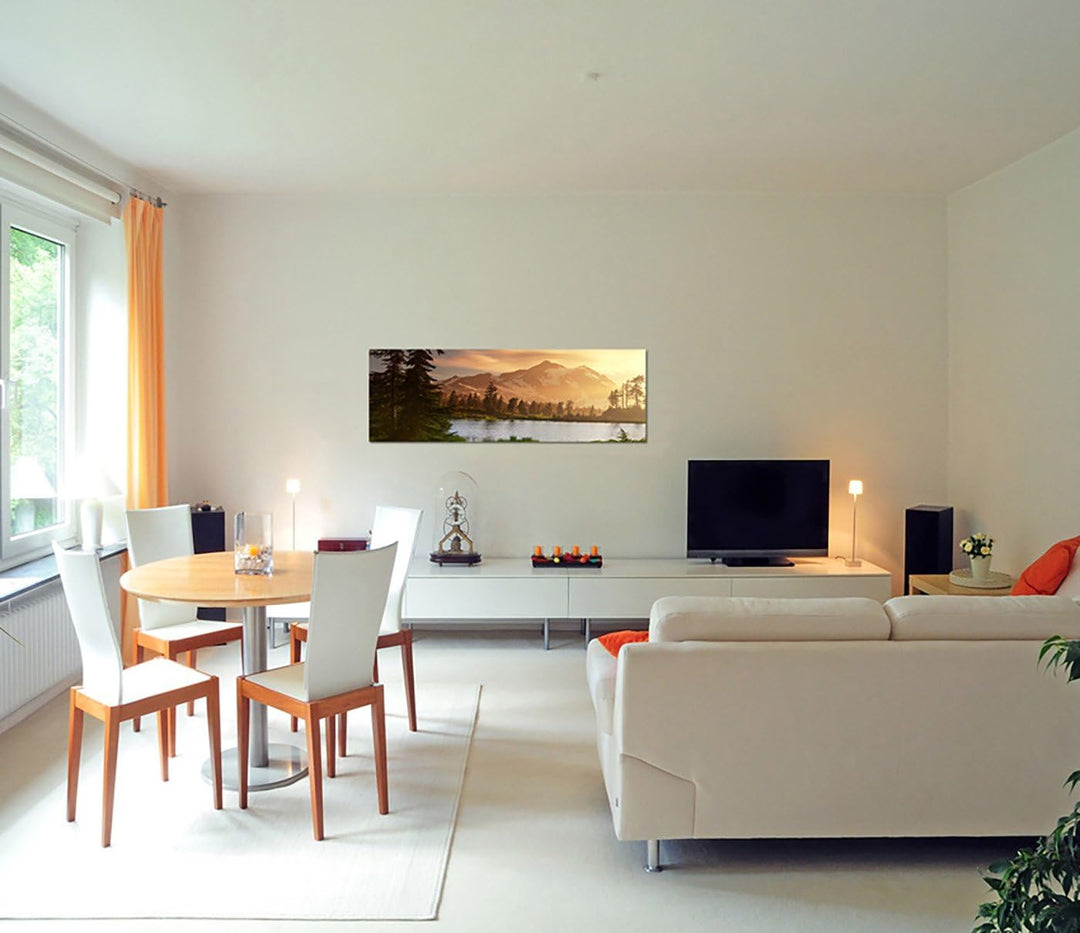 Paul Sinus Art Panoramabild auf Leinwand und Keilrahmen 150x50cm Berge Schnee Waldsee Bäume Natur