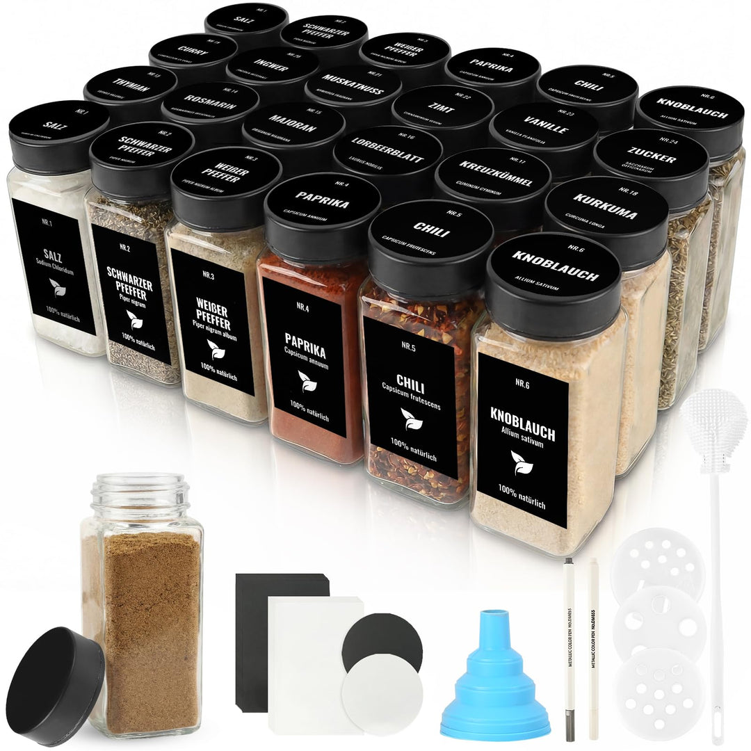 24pcs Gewürzgläser Eckig mit Edelstahldeckel, 120ml Glasbehälter mit Streueinsatz, Luftdichte Gewürz