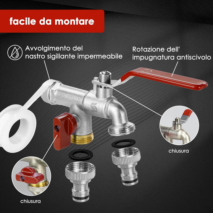 SPGOOD Premium Garten Wasserhahn, 1/2 Doppel Messing Wasserhahn Rost- + mit 2 Schlauchanschlüsse + 1