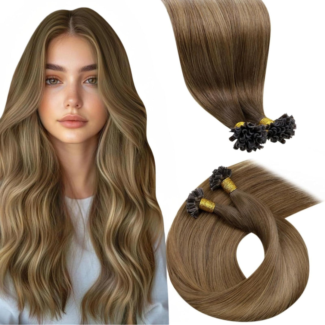 LaaVoo 22 Zoll Balayage Haarverlangerung Keratin U Tips Bonding Echthaar Extensions Remy Mittelbraun