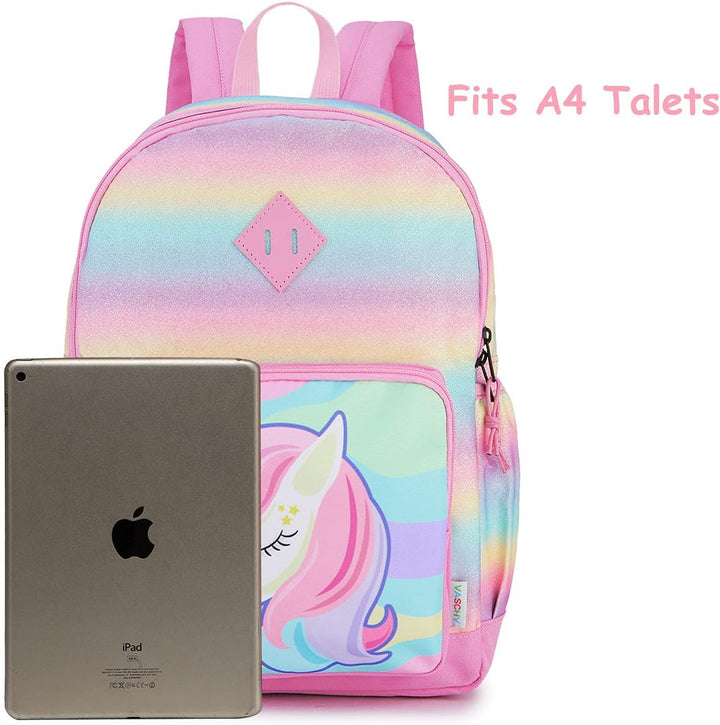 VASCHY Mädchen Schulrucksack 4-6 Jahre Schulrucksack mit Seitentaschen und Brustgurt 127-einhorn, 12