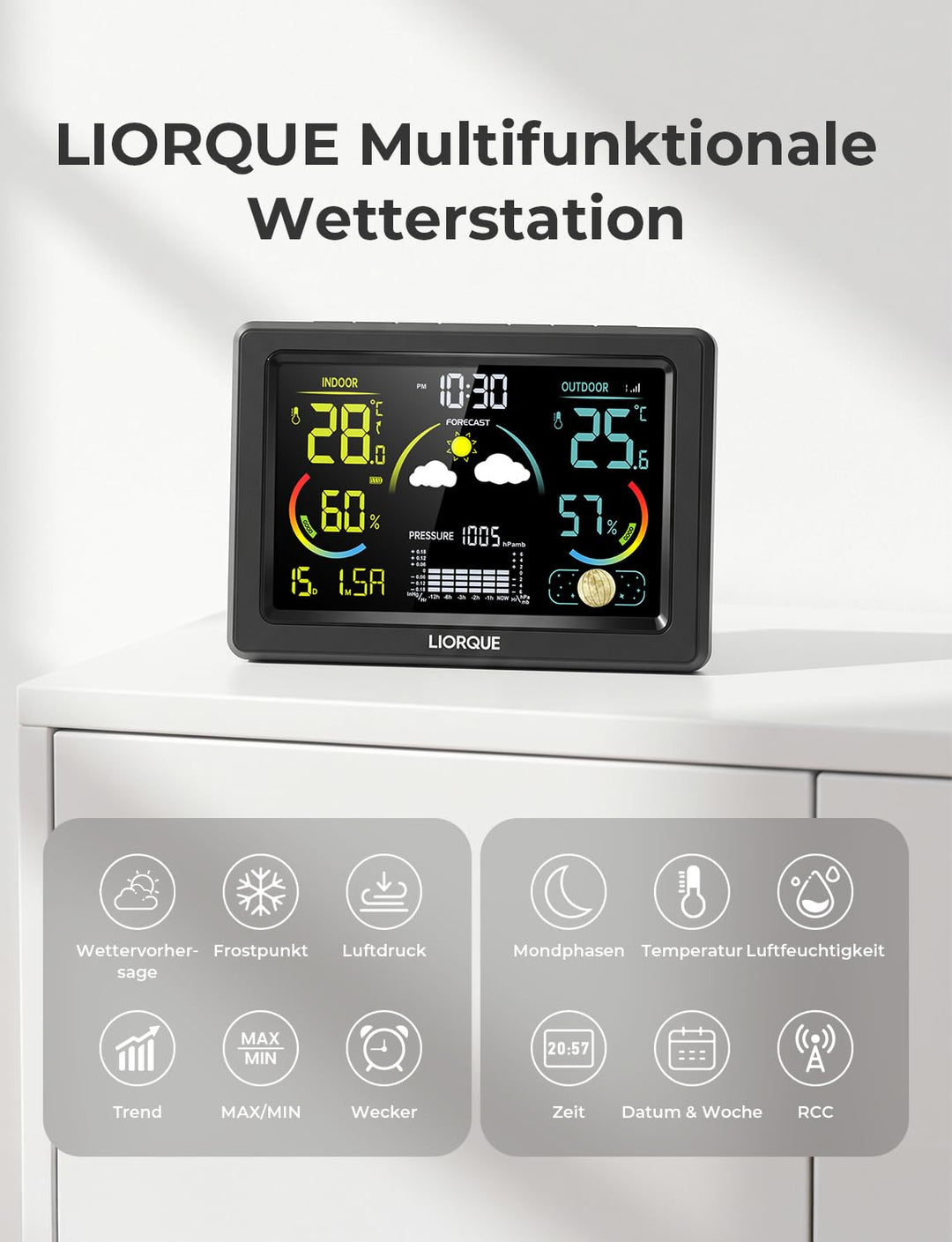 LIORQUE Wetterstation Funk mit Aussensensor, DCF Funkuhr, Funkwetterstation mit Wettervorhersage, In