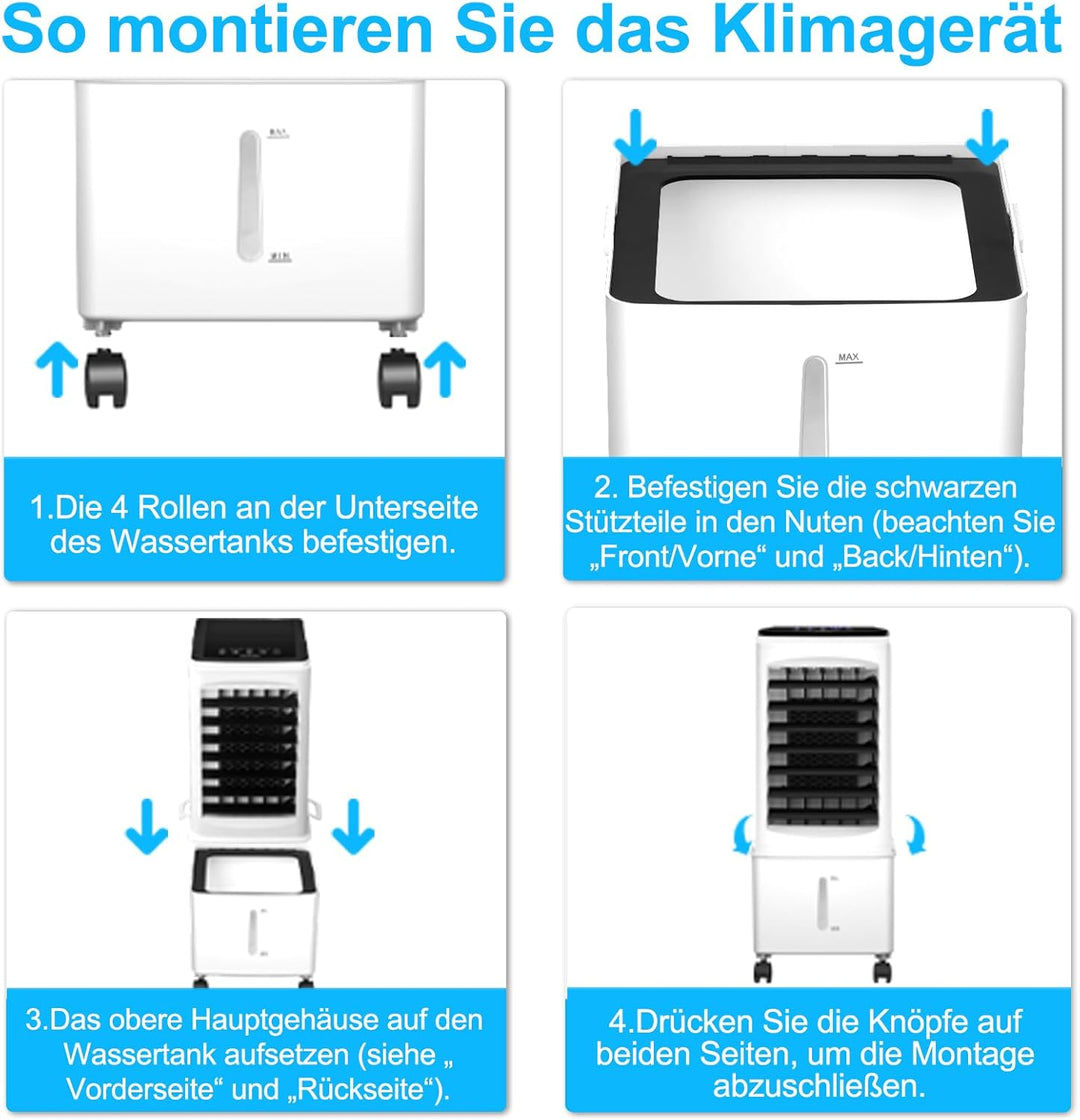 Klimagerät ohne Abluftschlauch, 10L 60W Klimaanlage Mobil mit 12H Timer, 40dB, 120°Oszillation, Abne