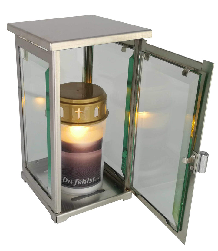 Grablicht, Grablaterne, Grablampe modern aus Edelstahl inkl. LED-Grablicht