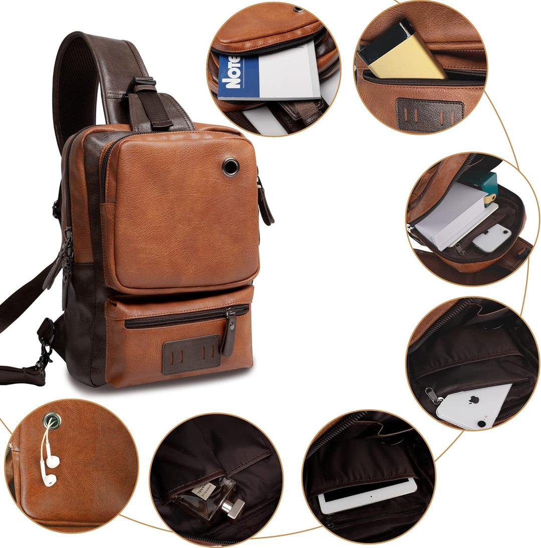 AONEGOLD Herren Brusttasche Vintage PU Leder Schultertasche Sling Chest Crossbody Bag Wasserdicht Le