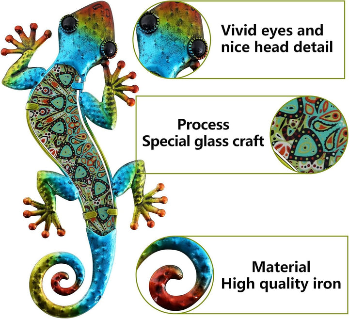 HONGLAND Metall-Gecko-Wanddekoration, Wandbild Metall,Eidechse, Wanddeko Outdoor,Gartenkunst, farbig