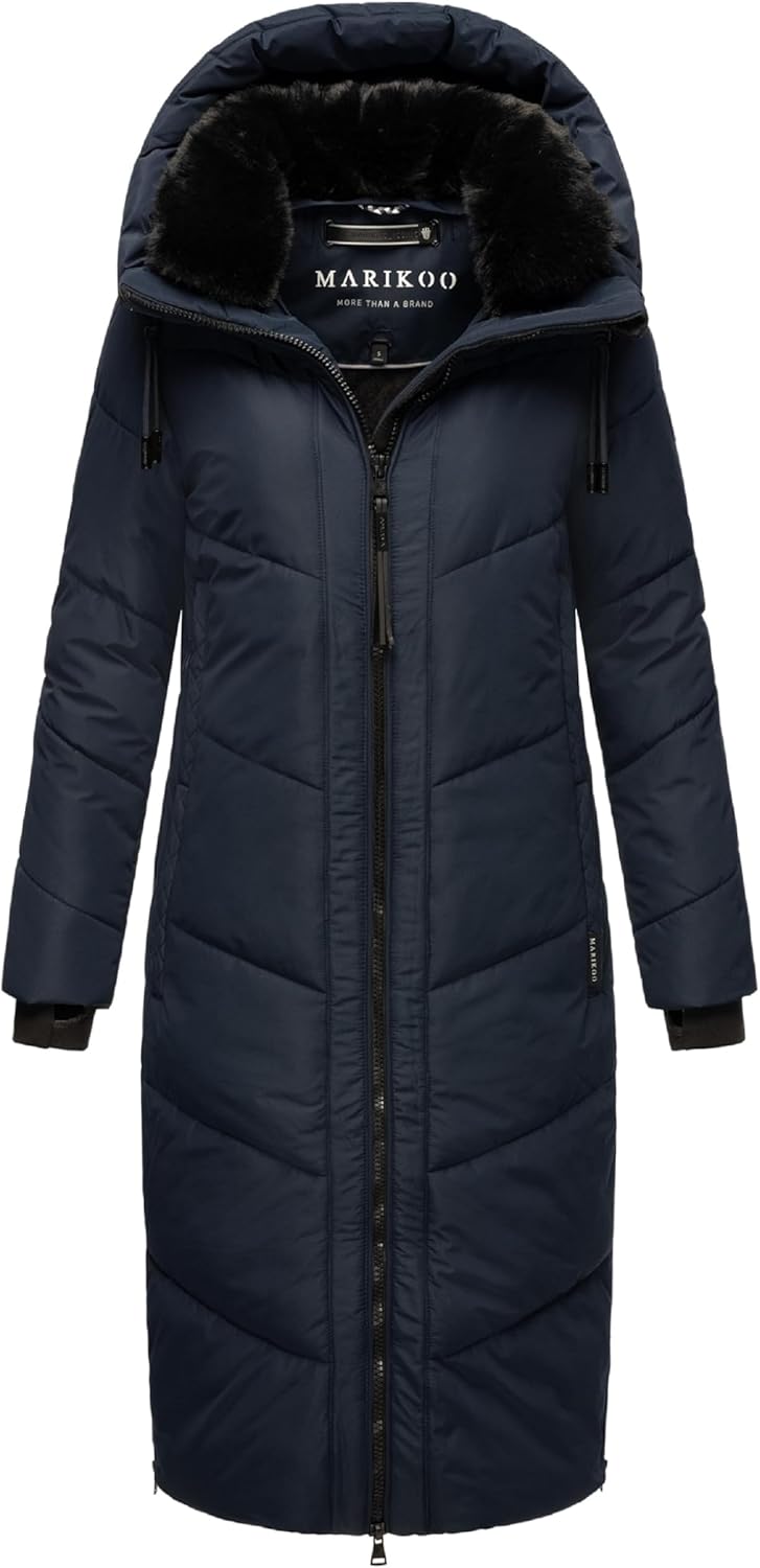 MARIKOO Damen Wintermantel warmer Steppmantel lang mit Kapuze und abnehmbarem Kunstfellkragen Nadare