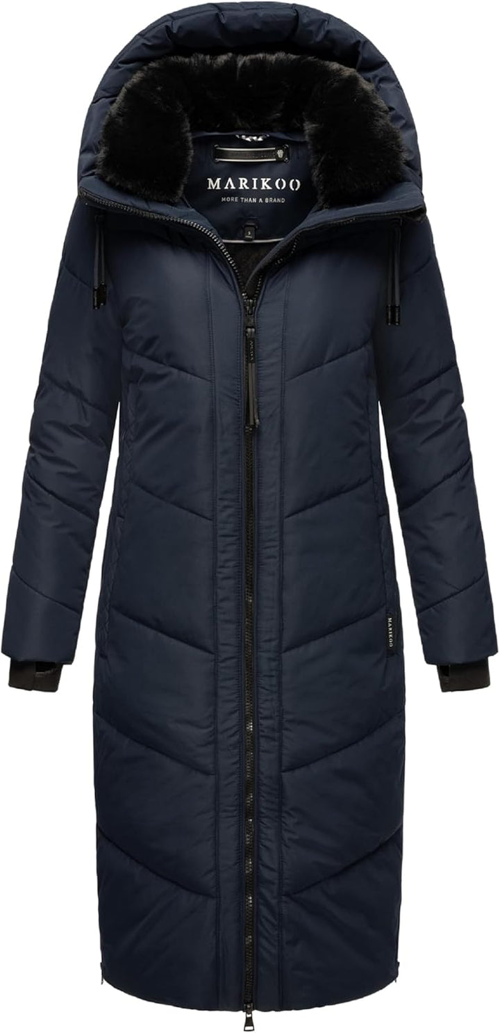 MARIKOO Damen Wintermantel warmer Steppmantel lang mit Kapuze und abnehmbarem Kunstfellkragen Nadare