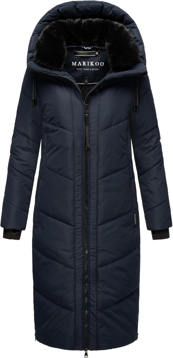 MARIKOO Damen Wintermantel warmer Steppmantel lang mit Kapuze und abnehmbarem Kunstfellkragen Nadare