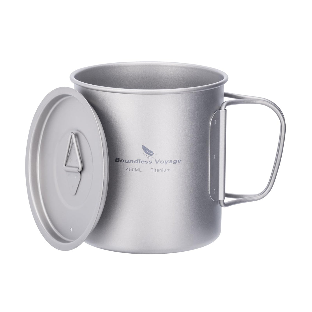 iBasingo 450ml Camping Becher Outdoor Tasse Titan Trinkbecher Mug mit Deckel & Klappgriff Ultraleich
