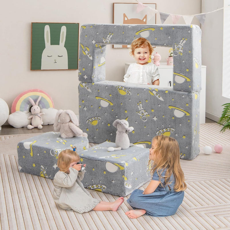 DREAMADE 4-in-1 Kindersofa ausklappbar, Kindersessel aus Samtstoff mit leuchtenden Mustern, abnehmba