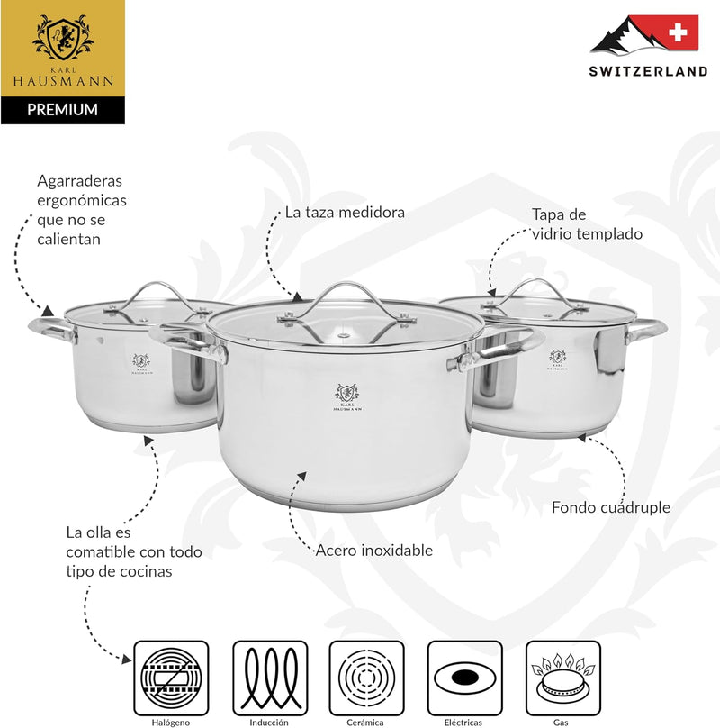 Topfset Induktion 3-teilig, Kochtopf Set mit Glasdeckel, Edelstahl mattiert, Induktions Töpfe Set un