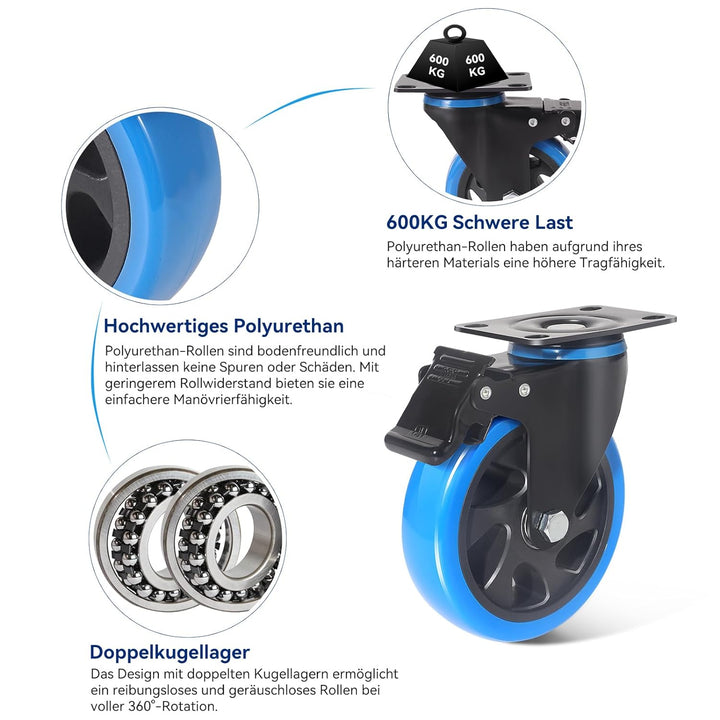 BAOLIHUI 100mm Blau Schwerlastrollen - 4er Set Lenkrollen mit Bremsen bis 600KG inkl. Montagezubehör