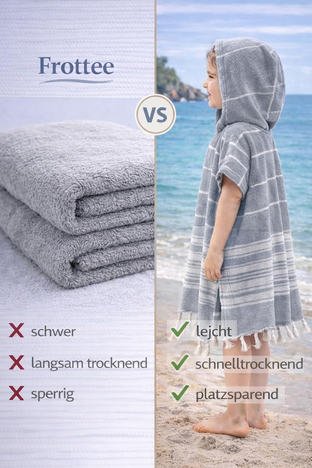 ELY PARKER Strandponcho für Kinder - 100% Baumwolle Strandtuch &amp; Strandkleid - Saugstarkes Badeponch