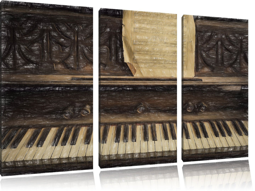 Pixxprint Antikes Klavier mit Notenblatt Bunstift Effekt 3-Teiler Leinwandbild 120x80 Bild auf Leinw