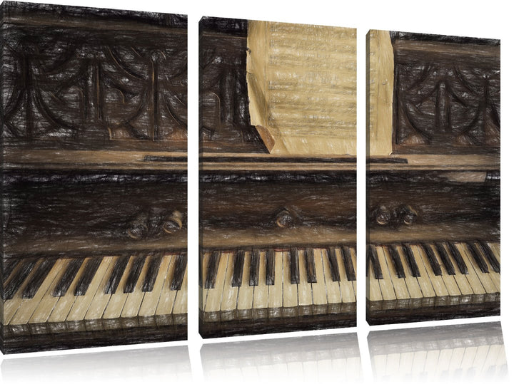 Pixxprint Antikes Klavier mit Notenblatt Bunstift Effekt 3-Teiler Leinwandbild 120x80 Bild auf Leinw