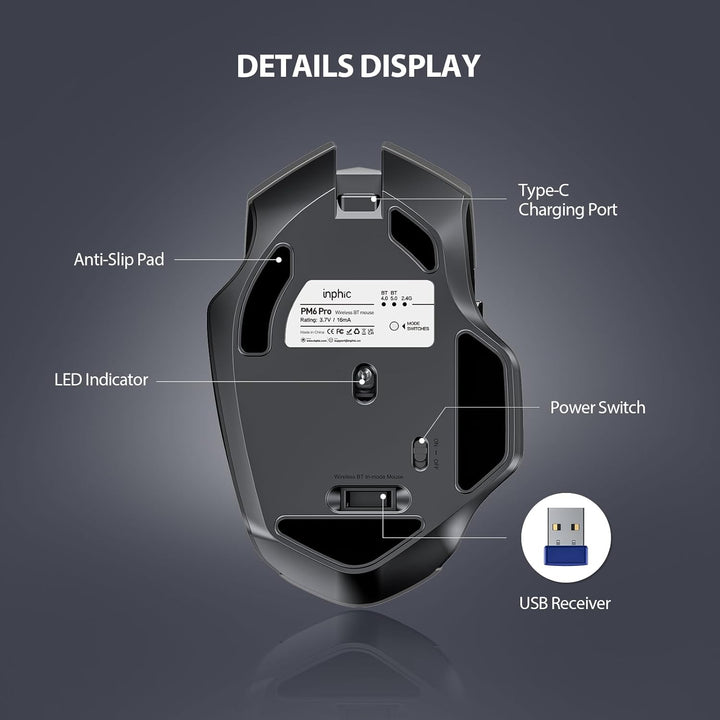 inphic Bluetooth Maus, Wiederaufladbare Tri-Mode 5.0/4.0 + 2.4G Wireless, 800-1600DPI Tragbar für La