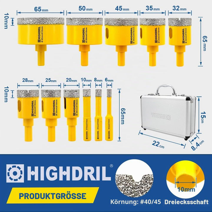 HIGHDRIL Diamant Bohrkrone Set - 6/8/10/20/25/28/32/35/45/50/65MM Diamant-Bohrkrone Lochsäge mit Dre