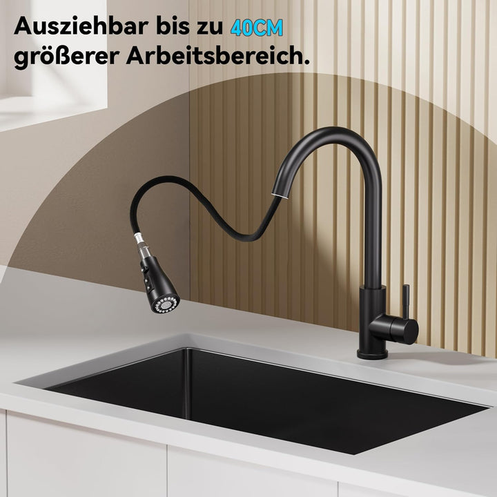 Wasserhahn Küche Schwarz, SEMANEY Hochdruck Küchenarmatur Ausziehbar, 3 Funktionen Einhebel Spültisc