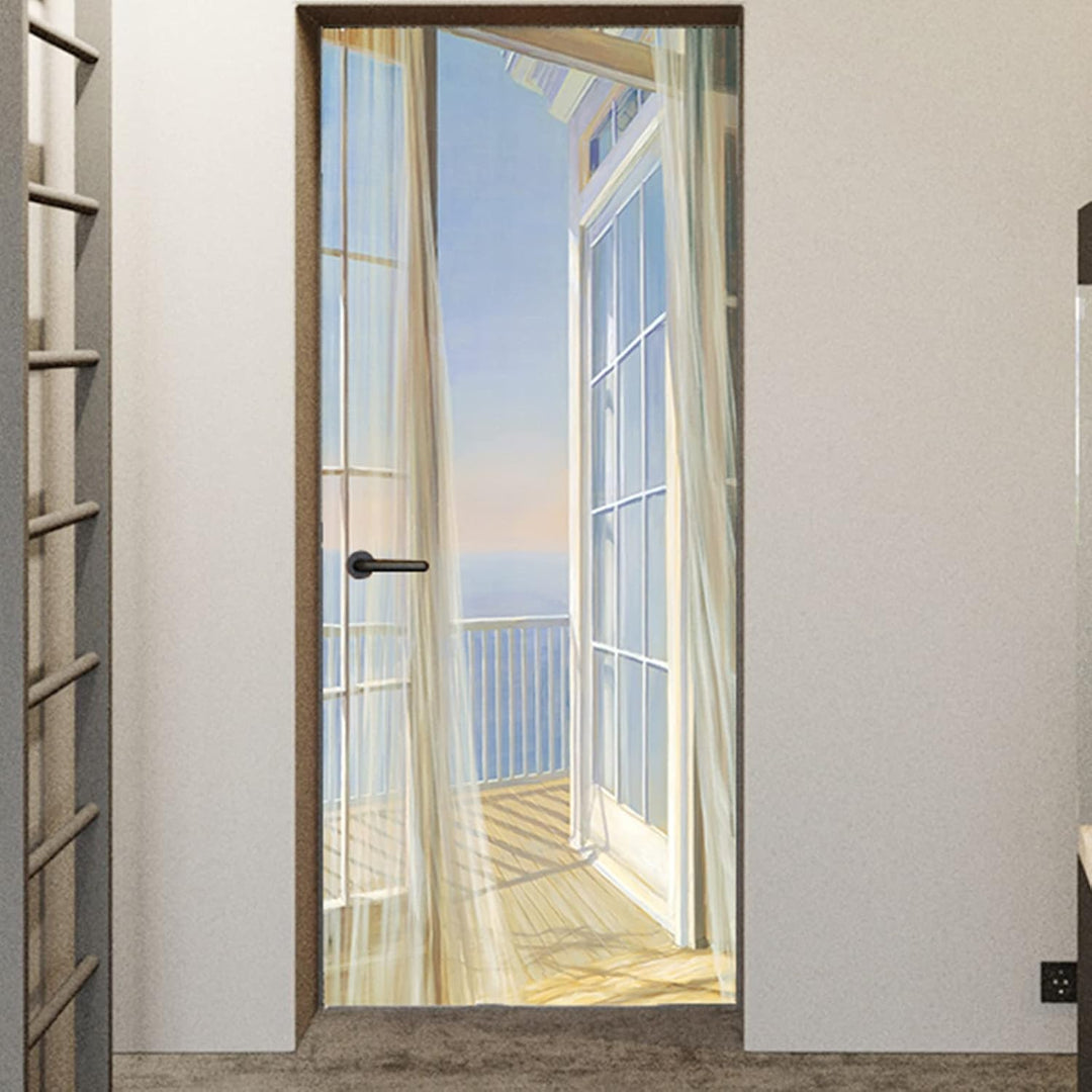 FLFK 3D Fenster Balkon Landschaft Türtapete Wandbilder Selbstklebend TürPoster Vinyl Entfernbar Maue