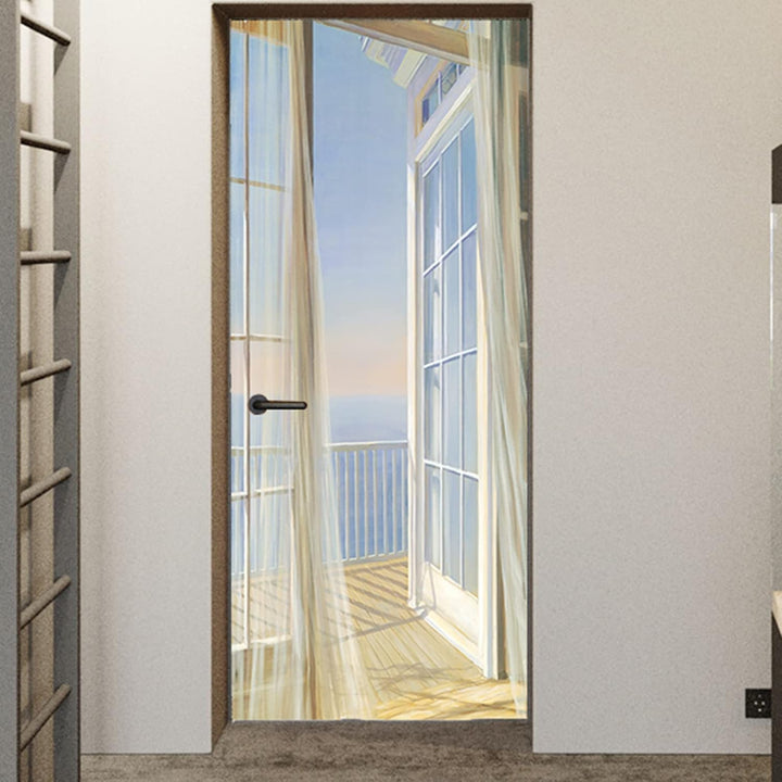 FLFK 3D Fenster Balkon Landschaft Türtapete Wandbilder Selbstklebend TürPoster Vinyl Entfernbar Maue