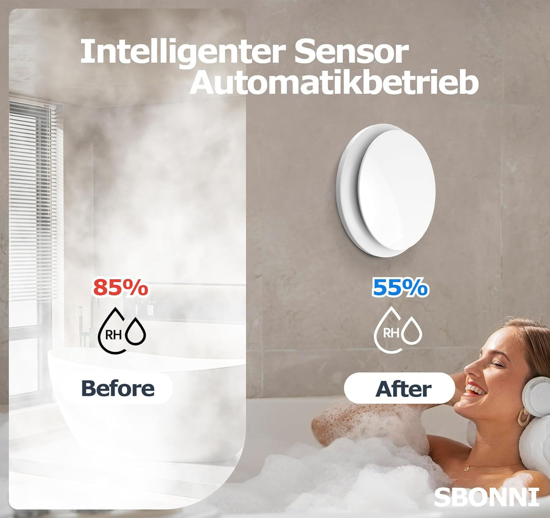 3 Stufen Bad Lüfter mit Feuchtigkeitssensor Temperatursensor Timer, Badlüfter 100mm mit Fernbedienun