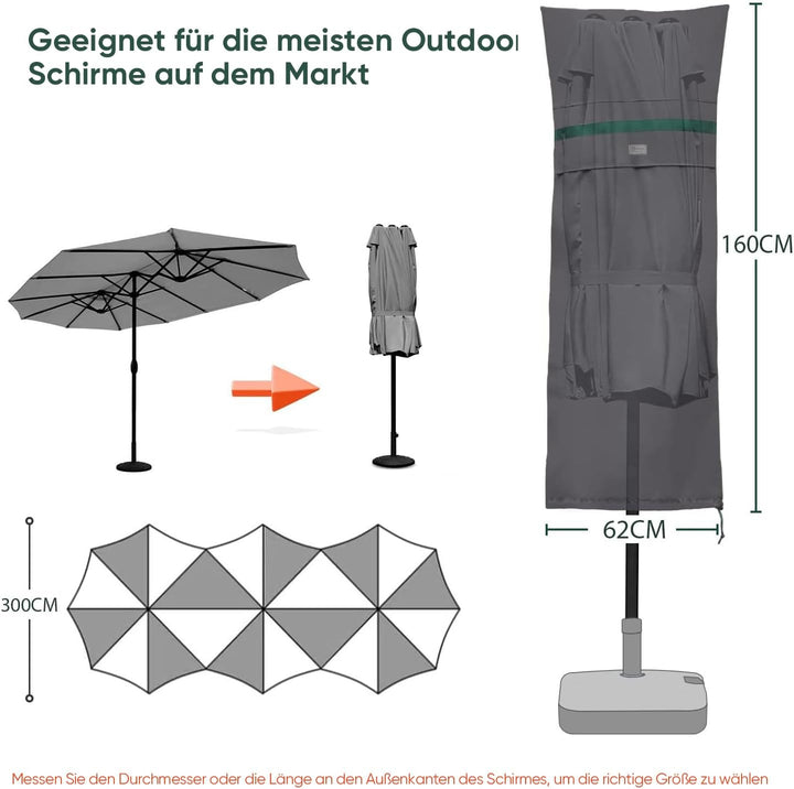 Sekey DoppelSonnenschirm Schutzhülle mit Stab, Abdeckhauben für Gartenschirm mit Belüftungsöffnungen