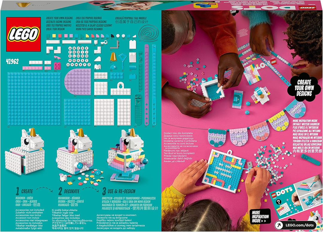 LEGO 41962 DOTS Einhorn Familienkreativset, Spielzeug Bastelset mit Schmuckkästchen, 2X Armband, Mes