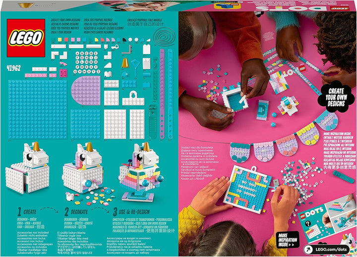 LEGO 41962 DOTS Einhorn Familienkreativset, Spielzeug Bastelset mit Schmuckkästchen, 2X Armband, Mes