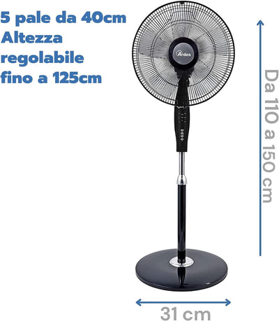 ARDES - AR5S40PBR Standventilator, mit Fernbedienung und Timer, leise und leistungsstark, 5 Flügel,