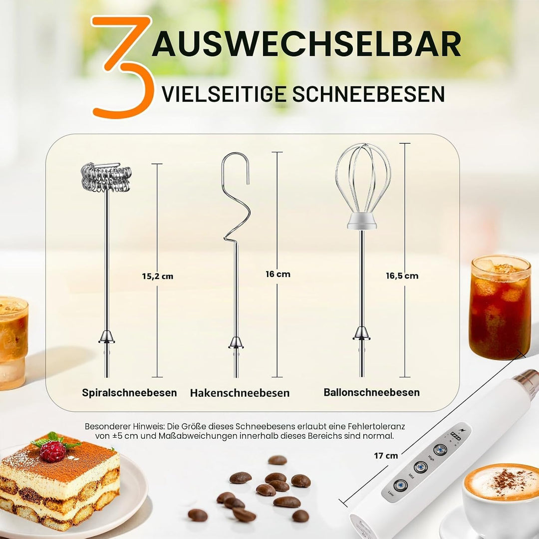 YUSWKO Milchaufschäumer Stab für Kaffee, Usb Wiederaufladbarer Aufschäumer, 3 Schneebesen-Köpfe 3 Ge