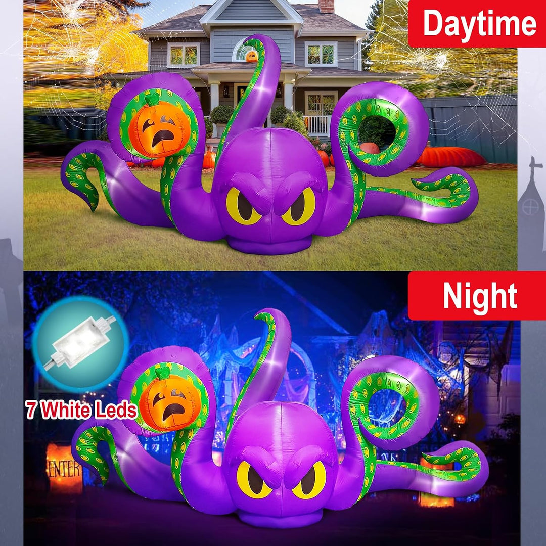 360CM Halloween Aufblasbarer Oktopus mit Kürbis Eingebaut 7 integrierten LED-Leuchten für Halloween