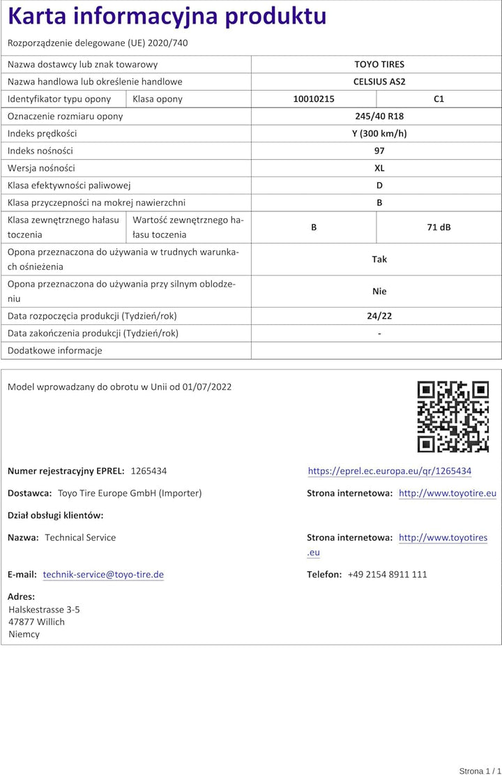 TOYO 245/40 R 18 XL TL 97Y CELSIUS AS2 MFS BSW M+S 3PMSF Allwetter Ganzjahresreifen