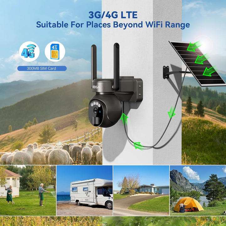 Xega 4G LTE Überwachungskamera Aussen Solar mit SIM Karte - 2K HD 3MP PTZ Kabellos Kamera Ohne WLAN