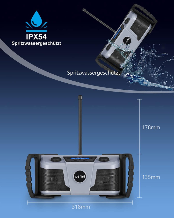 Baustellenradio DAB+ FM mit Akku, IP54 Wasserdicht & Staubdicht, Akku-Laufzeit bis 10h, 6W Stereo La