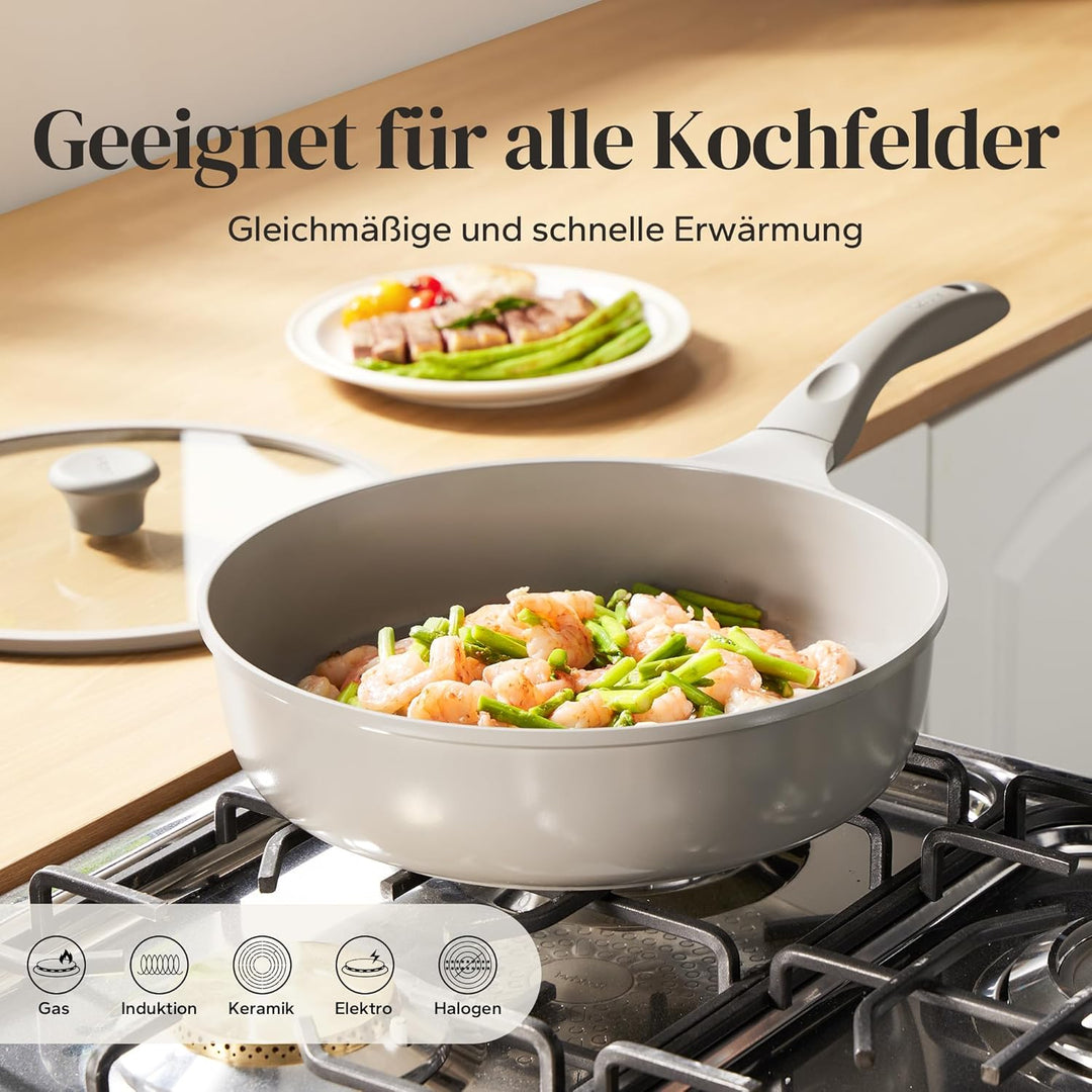 Redchef Keramik Schmorpfanne 28cm mit Deckel Hoher Rand, Antihaft Bratpfanne Induktion, Sauté Pfanne