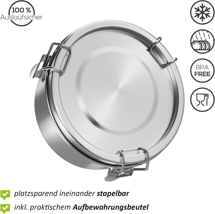 WELLGRO Edelstahl Dosen Set rund - 250 ml 480 ml 780 ml auslaufsicher Metall Brotdose Lunchbox