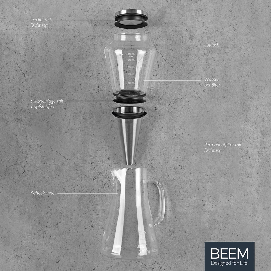 Beem Cold Drip Kaffeebereiter für 0,5l Borosilikatglas/Edelstahl Silber-Transparent, Masse: 14cm x 1