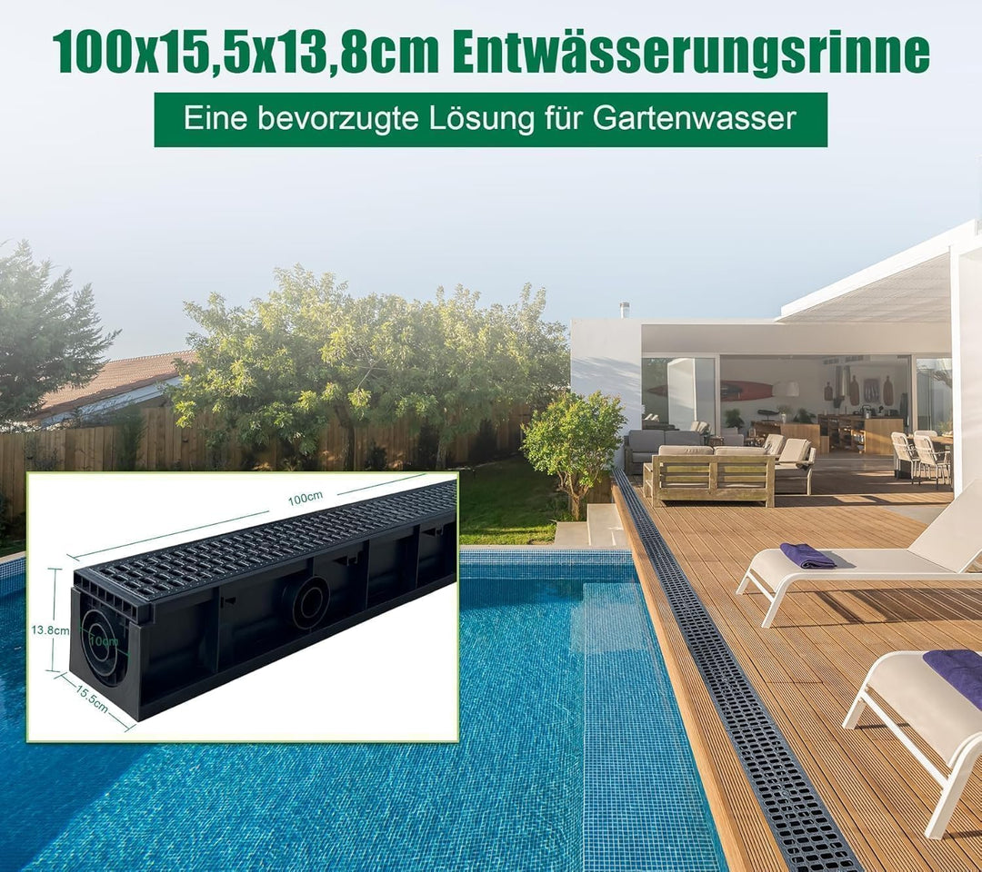 1m Entwässerungsrinne mit HDPE-Abdeckrost Bodenrinne Ablaufrinne Entwässerungssystem für Garten Terr