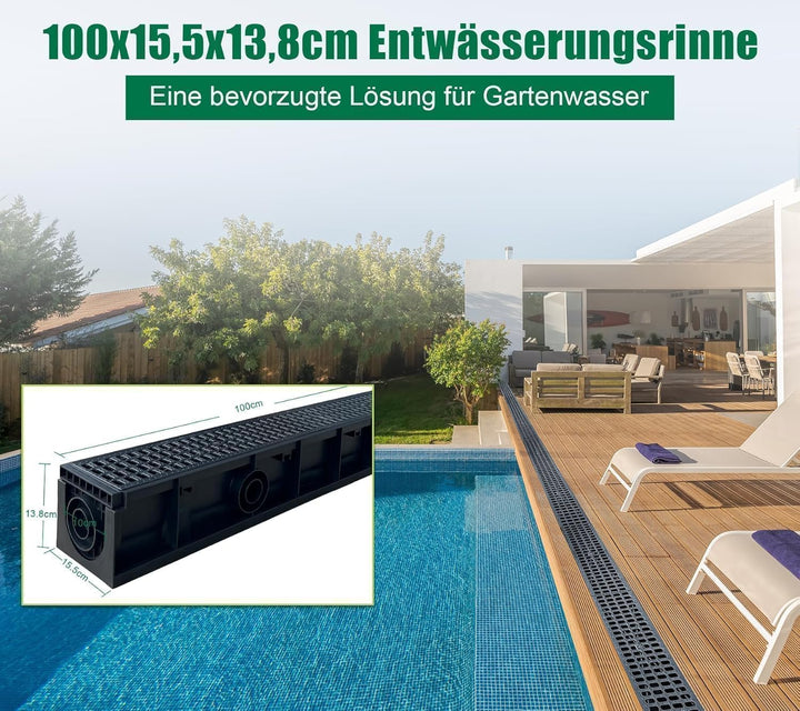 1m Entwässerungsrinne mit HDPE-Abdeckrost Bodenrinne Ablaufrinne Entwässerungssystem für Garten Terr