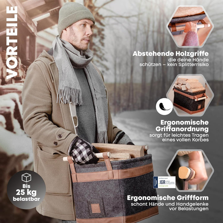 OAKAGE® Holzkorb für Kaminholz Gross [Schmutzabweisendes Innenfutter und Lederboden] Kaminholzkorb F