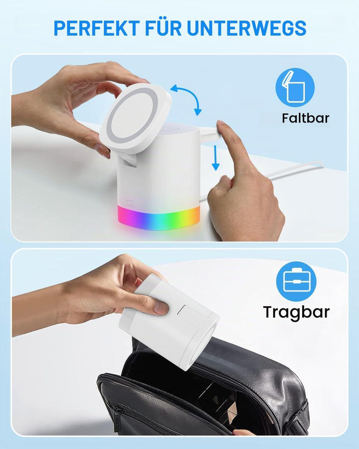 JoyGeek Ladegerät mit 4 RBG Nachtlicht, Faltbar 3 in 1 Kabellose Ladestation für iPhone Air/17/16/15
