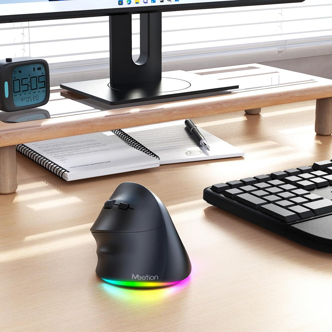 MEETION Linkshänder-Maus, Ergonomisch, Kabellos, Vertikal, RGB für Bluetooth (5.2 + 3.0) und USB-A M