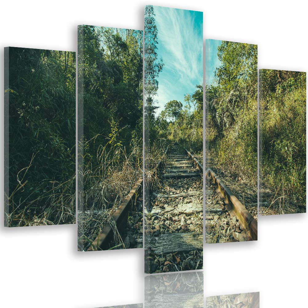 Feeby Wandbild XXL 5 Teilig Landschaft Leinwandbild Gleise Bäume Himmel bunt 300x140 cm Leinwandbild