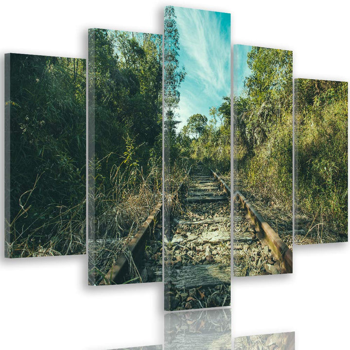 Feeby Wandbild XXL 5 Teilig Landschaft Leinwandbild Gleise Bäume Himmel bunt 300x140 cm Leinwandbild