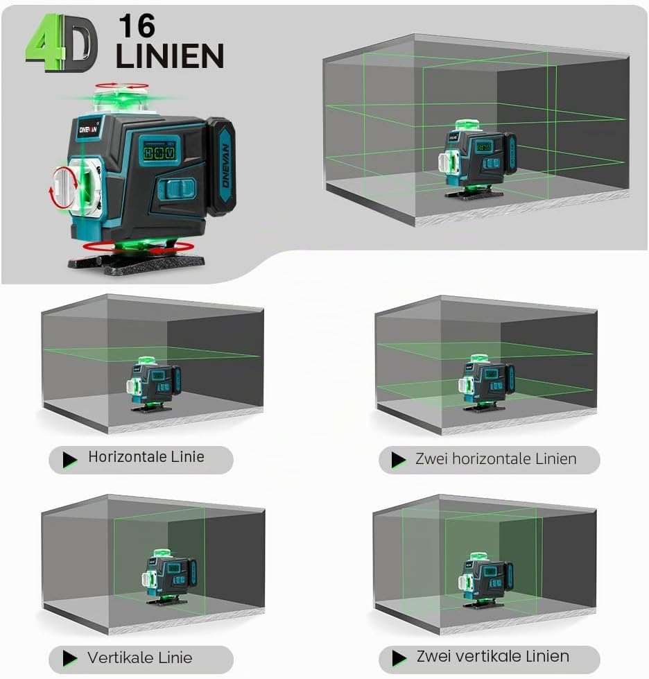Kreuzlinienlaser mit Stativ, 4 x 360° Laser Wasserwaage, 4D 16 Laser Level, Selbstnivellierend ±3°,