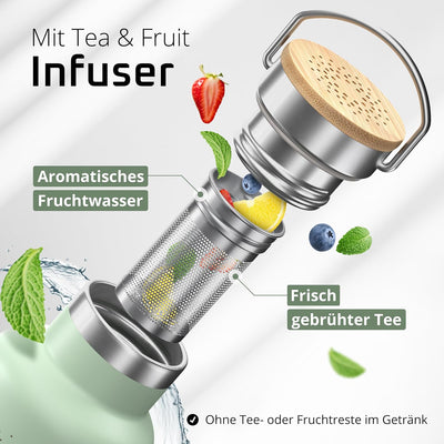 Trinkflasche Edelstahl mit Strohhalm, Infuser + 3 Deckel: BPA-frei, Auslaufsicher, Kohlensäure geeig