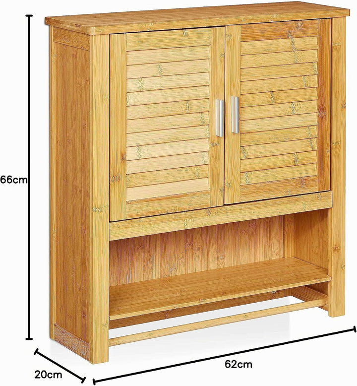 Relaxdays Hängeschrank LAMELL Bambus, mit Handtuchhalter, 3 Ablagen, 2 Türen, Badschrank, HBT: 66 x