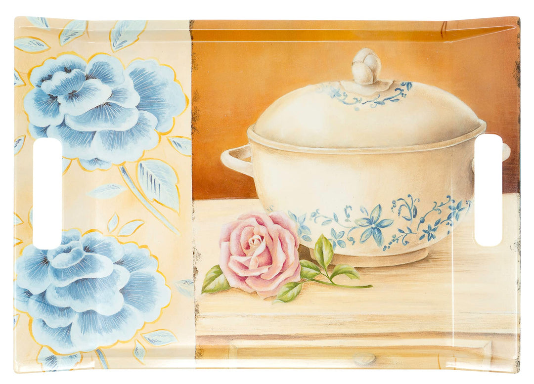 Lashuma Küchentablett gross mit Griffen, Dekotablett 38x27 cm, Tablett blau weiss Design: Kochtopf 3